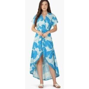 America & Beyond Blue/Cream Leaf Print Faux Wrap Tulip Midi Dress Size Medium‎